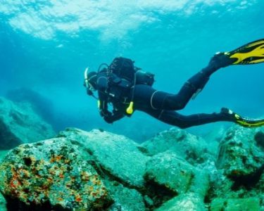 snorkler diving to shipwreck