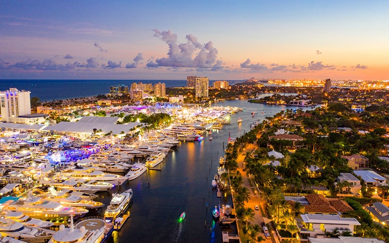 aerial of fort lauderdale boat show at sunset