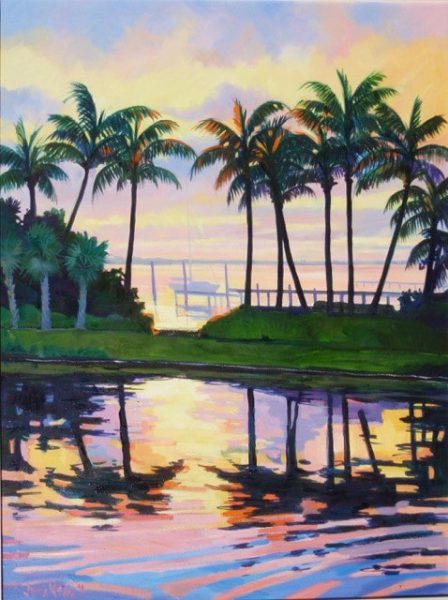 painting of palms and water at sunset in martin county