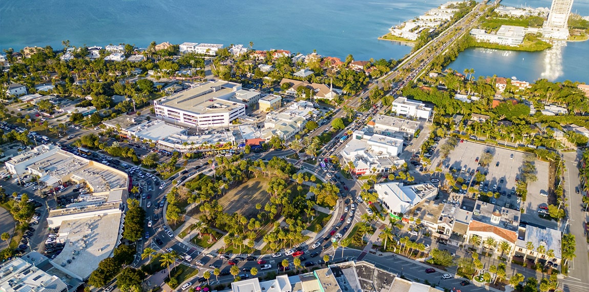 aerial of the St Armands Circle in Sarasota