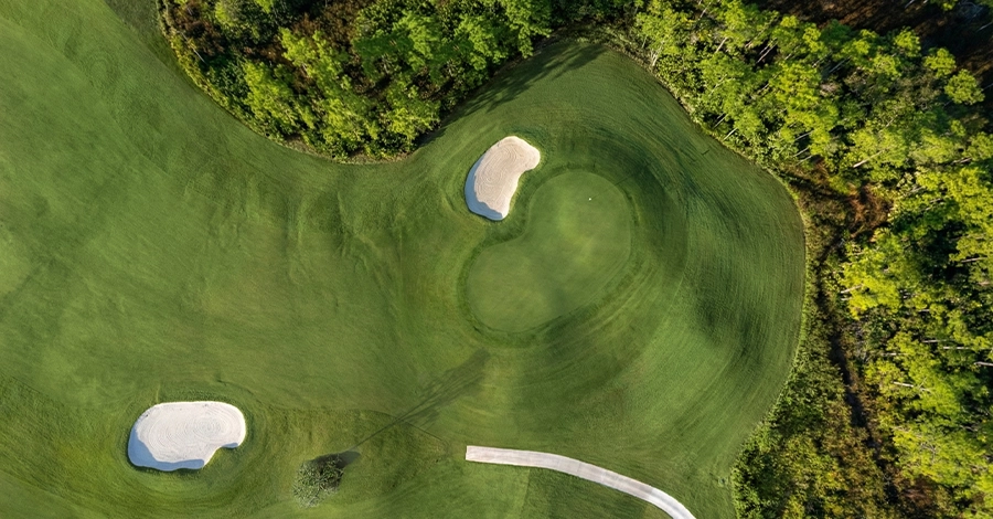 Top-down aerial view of golf green with sand bunkers and surrounding trees.