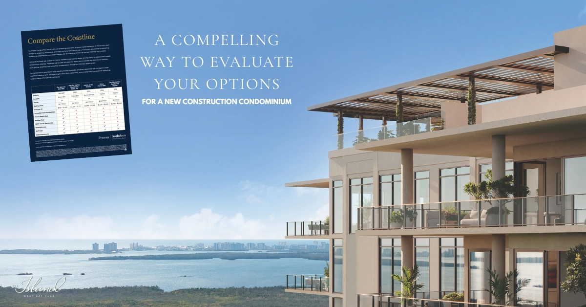 Modern waterfront condominium with glass balconies overlooking bay and skyline