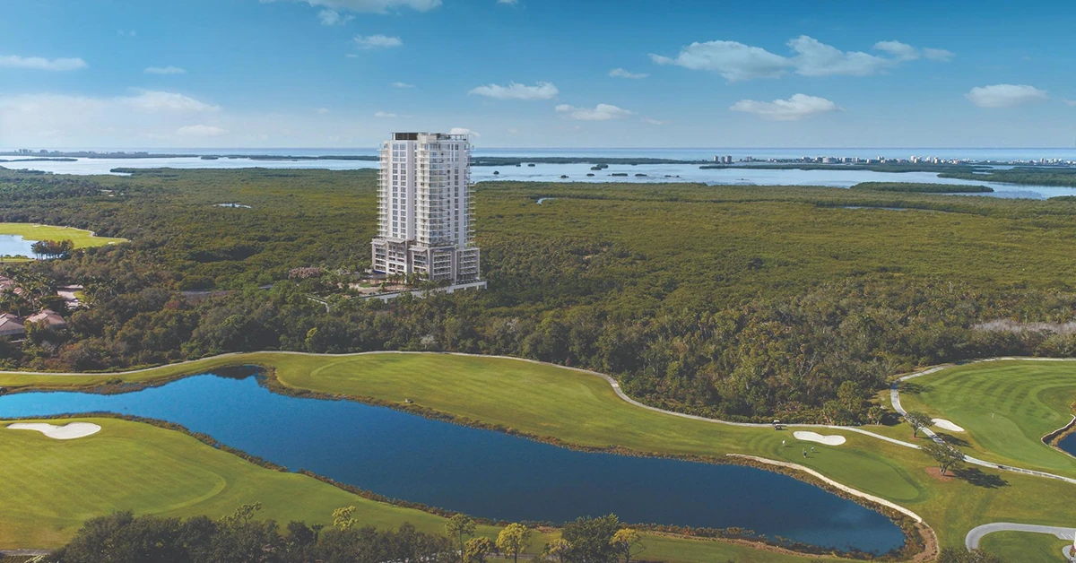 Luxury residential tower overlooking golf courses and coastal preserves in Estero.