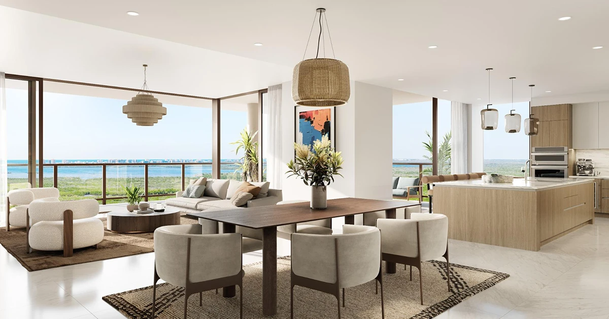 Open-concept luxury residence with waterfront views and modern interior design.