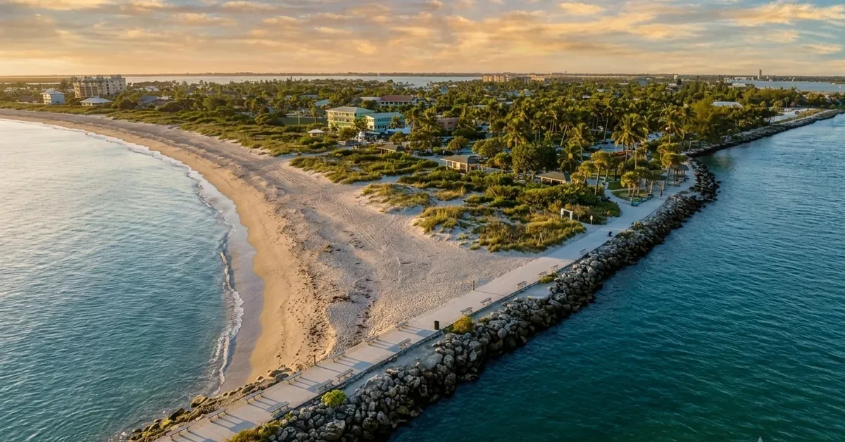 Aerial sunset view of a Florida coastal peninsula with white sand beach, rocky jetty walkway, and lush tropical homes nestled between calm turquoise waters.
