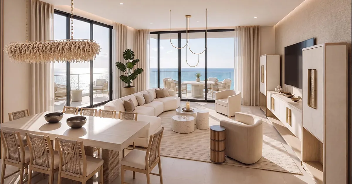 Luxurious beachfront living room with cream sectional sofa, rattan dining set, and floor-to-ceiling windows revealing stunning ocean views.