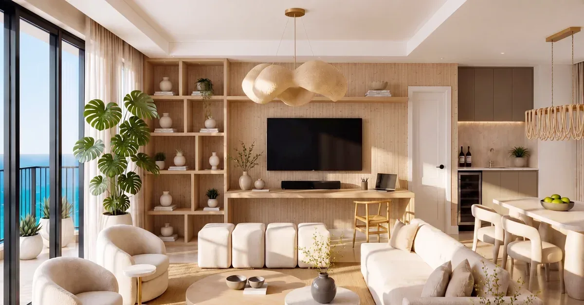 Selene Fort Lauderdale Furnished Living Room Water View Rendering