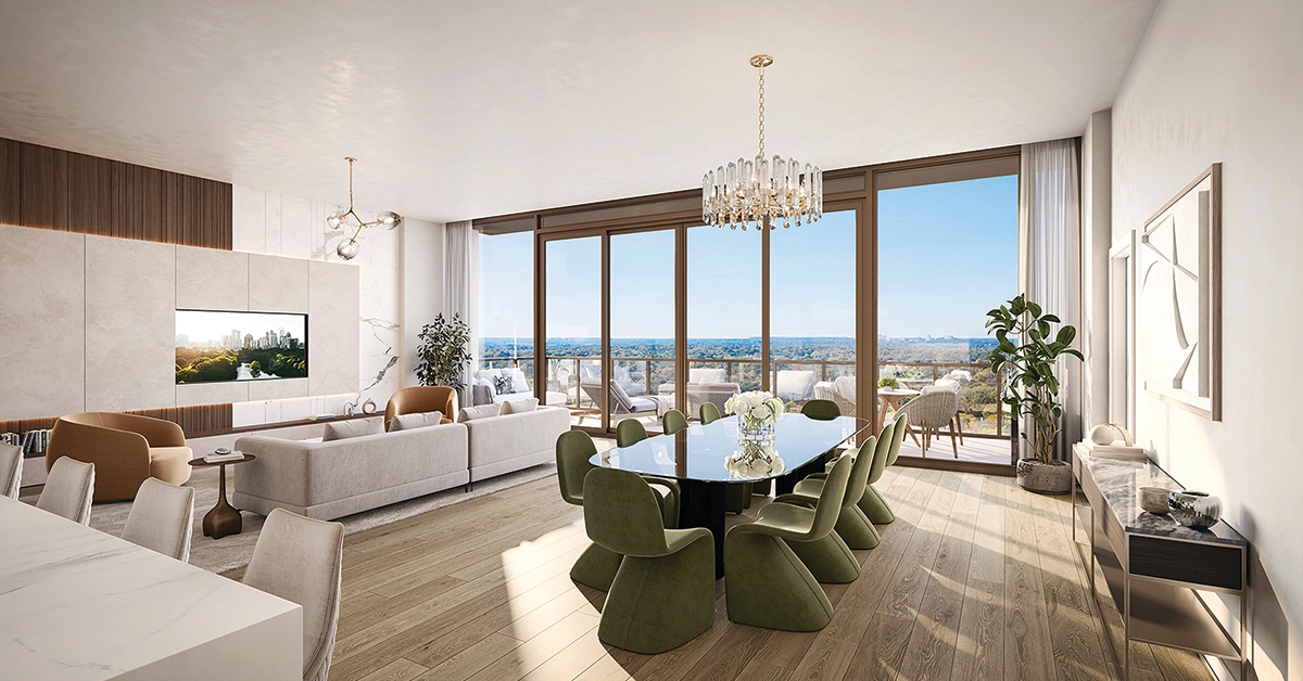Luxury estate residence interior with skyline views and contemporary furnishings.