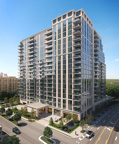 Modern luxury condominium tower in Buckhead Atlanta with glass balconies and city views.