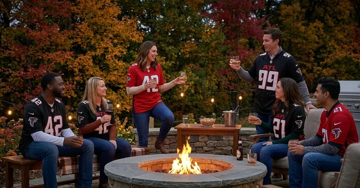 Friends in Atlanta Falcons jerseys gather around a stone fire pit during autumn, toasting drinks in a cozy outdoor living space.