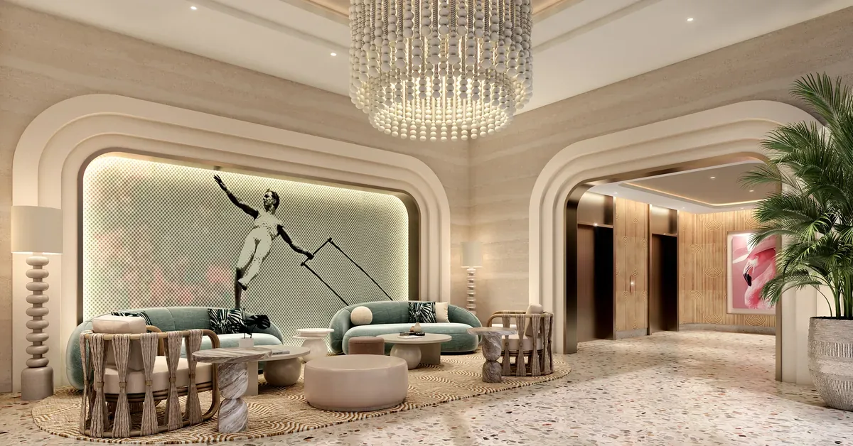 Luxury hotel lobby featuring sage velvet sofas, terrazzo floors, a beaded chandelier, and a dramatic backlit art installation beneath elegant arched archways.