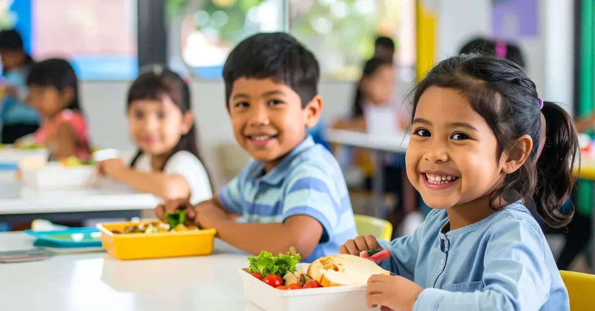 Smiling elementary school children enjoy healthy lunch meals together in a bright, welcoming school cafeteria setting.