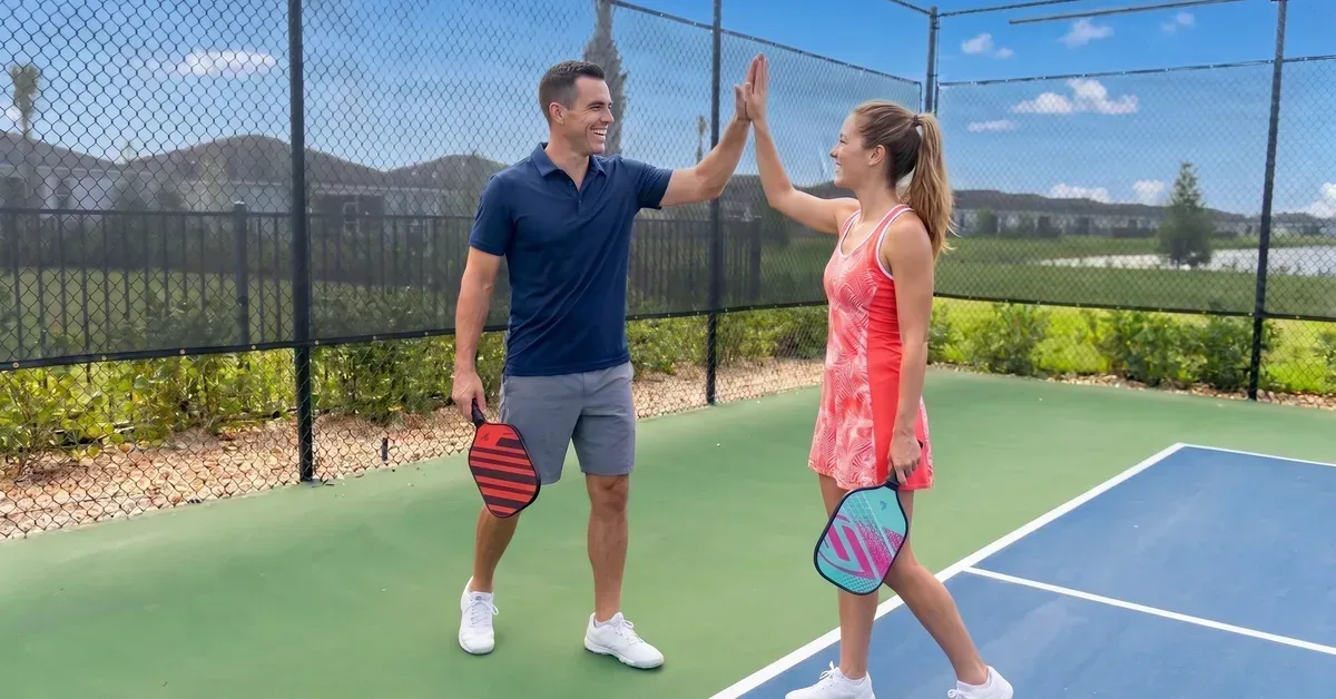 Two residents enjoy a friendly pickleball match with a high-five on a well-maintained community sports court under sunny Florida skies.